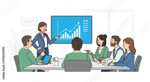 Business team collaborates on a presentation, analyzing a chart to improve company strategy and growth with teamwork
