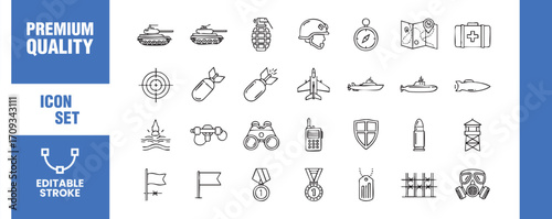 Military and army icons set collection of linear vector icons such as tank, grenade, helmet, compass, map, first aid kit, target, bomb, airplane, warship and more
