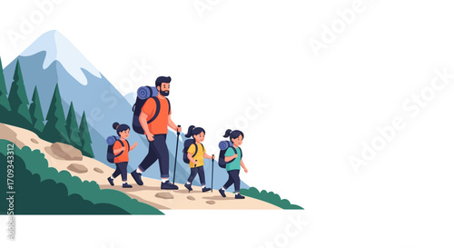 Family Hiking Adventure Dad and Daughters Exploring Majestic Mountains