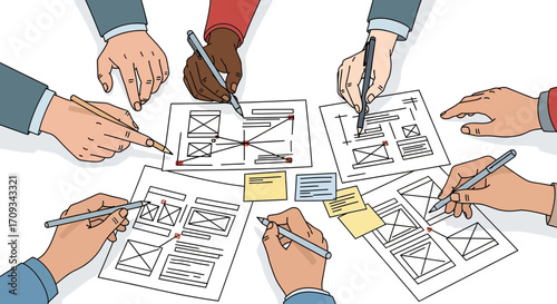 Diverse team of designers collaborating on website wireframes and user interface layouts during a creative brainstorming meeting
