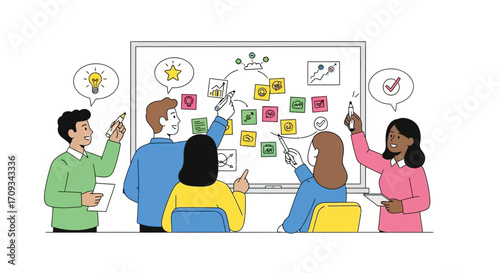Collaborative team of diverse professionals brainstorming and strategizing on a whiteboard, developing innovative solutions and mapping out project ideas in a productive meeting setting