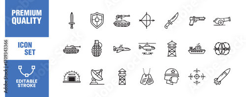Military and army line icons set vector illustration of war equipment, weapon, soldier, tank, helicopter, ship, missile, and other army related objects