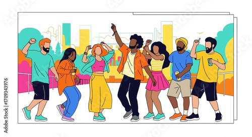 Diverse Group of Friends Dancing Joyfully at a Vibrant Outdoor Festival