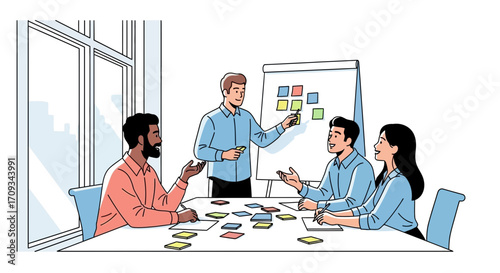 A diverse team of professionals collaborates on a project during a brainstorming session, using sticky notes on a whiteboard to organize ideas for successful business development
