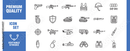This icon set features a variety of military and warfare related objects, including weapons, vehicles, and protective gear, all rendered in a clean and modern line style