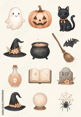 Watercolor Halloween Magic and Spooky Elements Collection