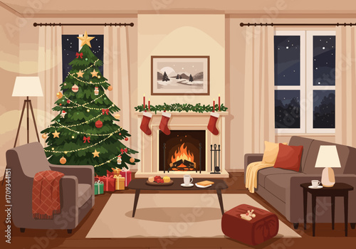 Christmas Living Room with Tree and Fireplace Illustration.