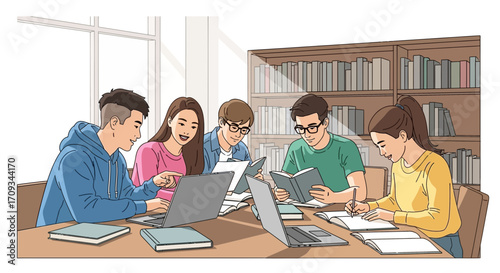Diverse young students in a collaborative study session, diligently working with laptops and books in a modern library, symbolizing teamwork and academic success