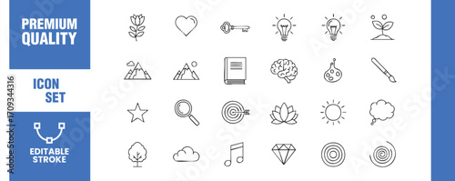 This icon set features a collection of creative and innovative ideas, representing concepts such as growth, success, and inspiration