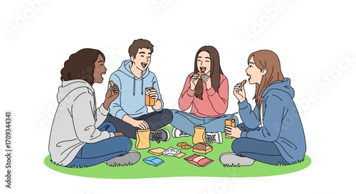A diverse group of young adults enjoying a casual outdoor picnic, sharing food and conversation on a sunny day, symbolizing friendship and togetherness