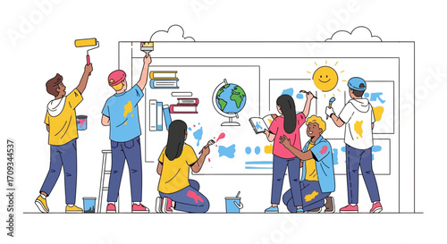 Diverse group of individuals collaborate on a creative project, painting a large mural with educational and imaginative elements, symbolizing teamwork and shared learning
