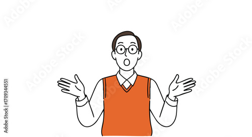 Expressive man showcasing open gesture, perfect for explaining concepts and presentations with clean design