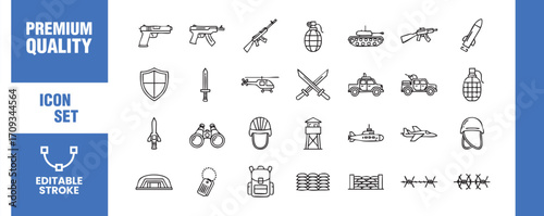 This icon set features a variety of military and warfare related symbols, including weapons, vehicles, equipment, and personnel, representing defense, security, and conflict