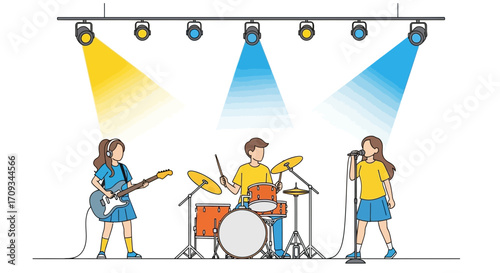 Live musical performance with a band playing instruments and singing on a brightly lit stage showcasing talent and artistic expression