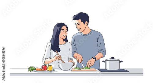 A Happy Couple Preparing a Meal Together at Home, Illustrating Connection and Culinary Enjoyment