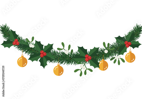 Festive Christmas Garland with Holly and Ornaments.