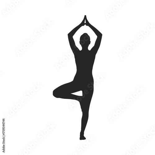 Silhouette of a woman in tree yoga pose isolated on white background the figure is a dark gray against a white backdrop, showcasing a strong and balanced stance