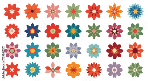 Vibrant collection of stylized geometric floral patterns in various bright colors