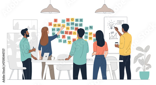 Modern office team collaboration, brainstorming innovative ideas and developing strategic solutions with sticky notes and whiteboard for successful project outcomes