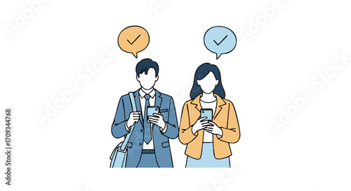 Business professionals confidently using smartphones, receiving positive confirmations and updates in a modern setting.