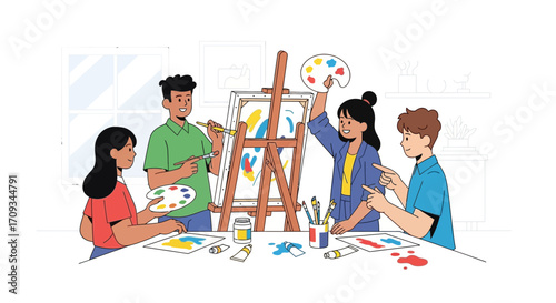 A diverse group of friends enjoying a vibrant painting session together, expressing their artistic talents and fostering creativity in a fun and engaging art workshop environment