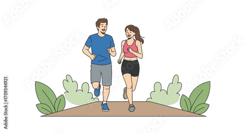 Couple Exercising Outdoors A Healthy Lifestyle Together. A couple runs together on a nature trail, promoting health and wellness