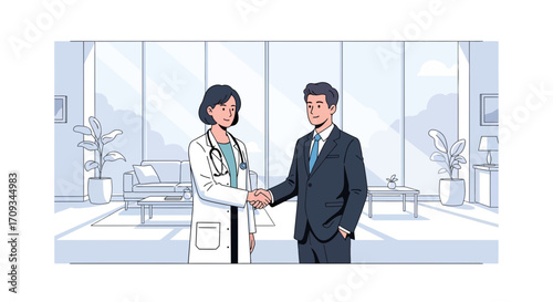 Doctor shaking hands with a businessman in a modern office, symbolizing a successful partnership in healthcare and business collaboration