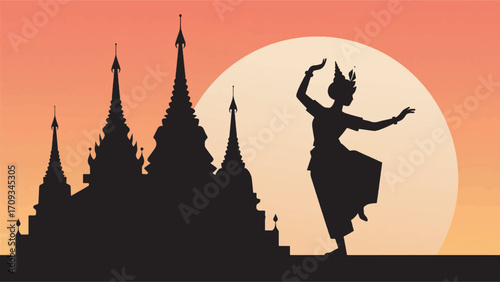 Illustration Of Traditional Thai Dancers Beside Temple Buildings Vector Design Template