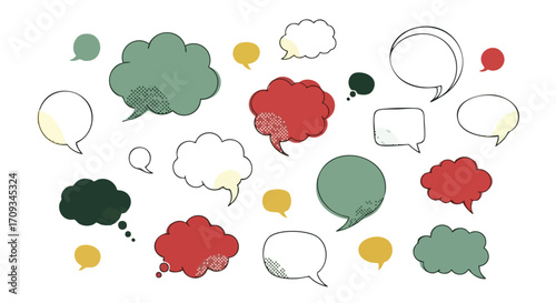 Colorful speech bubbles scattered on white background, ideal for communication concepts
