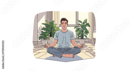 Young Man Meditating in Lotus Position Peaceful and Calm. A Guide to Mindful Living, Achieving Inner Peace, and Promoting Wellbeing