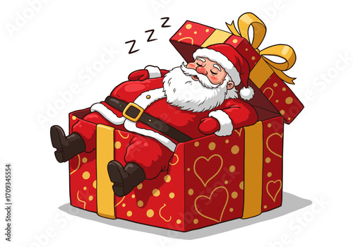 Santa Claus Sleeping in a Gift Box with Hearts.