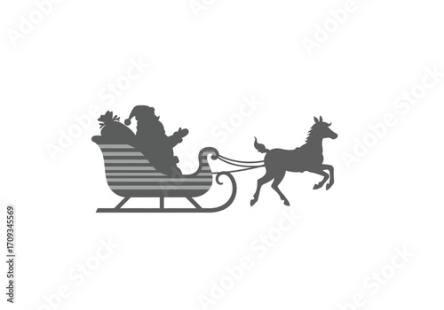 Silhouette of Santa Claus in Sleigh with Reindeer.
