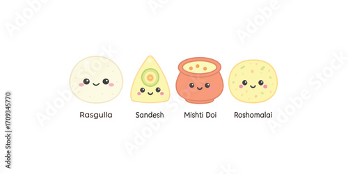 Print   Kawaii Bengali Sweets Vector Icon Set – Cute Colorful Illustration of Rasgulla, Sandesh, Mishti Doi, and Roshomalai on White Background
