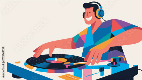 Illustration Of A Man With Headphones Operating A Turntable Vector Design Template