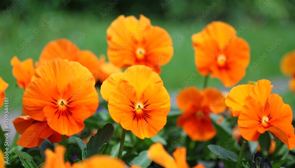 Bright orange pansies in a garden Bright orange pansies in a garden