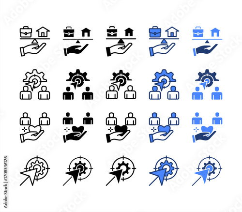 Work life balance, Purpose, Empathy, Goal, multiple style icon set.