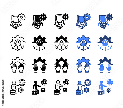 Trust, Job enrichment, Participation, Working time, multiple style icon set.