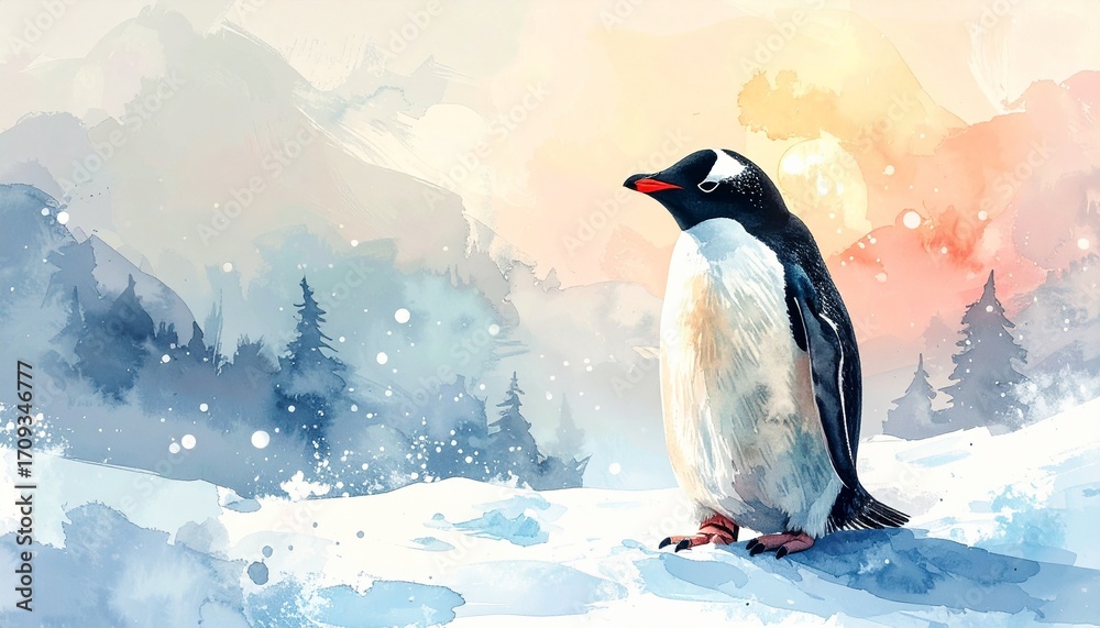 Fototapeta premium 水彩画のかわいいペンギンのイラスト