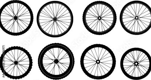 Set of bike wheels silhouette vector art
