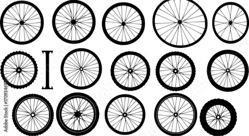 Set of bike wheels silhouette vector art
