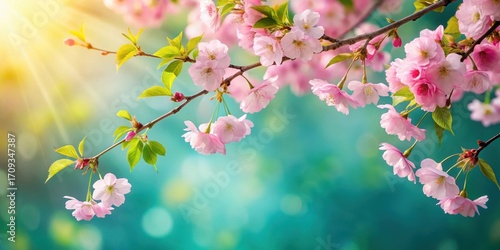 Radiant pink blossoms on a branch bathed in sunlight against a vibrant teal backdrop