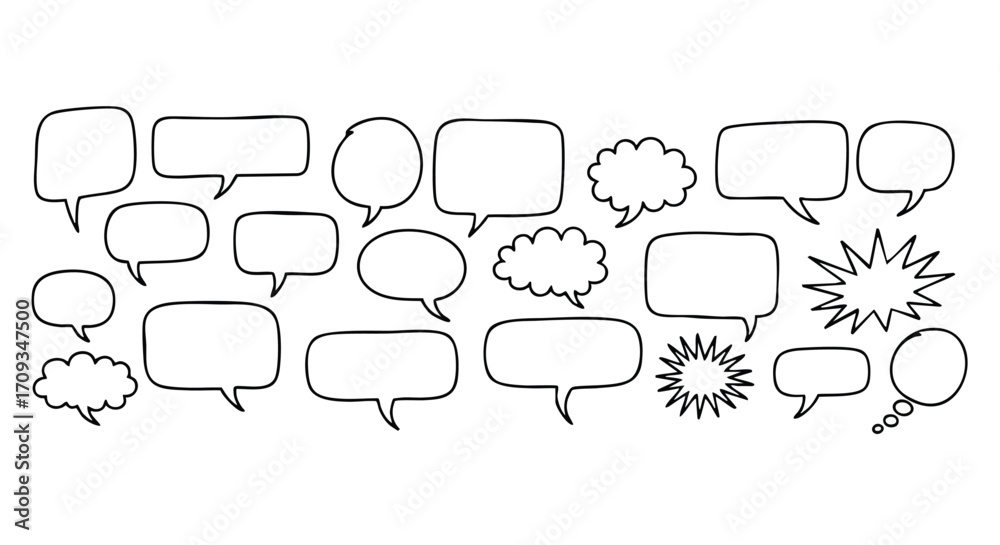 Fototapeta premium Diverse hand-drawn speech bubbles and thought clouds for creative communication and design projects
