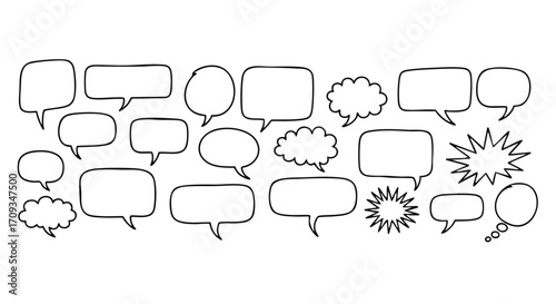 Diverse hand-drawn speech bubbles and thought clouds for creative communication and design projects