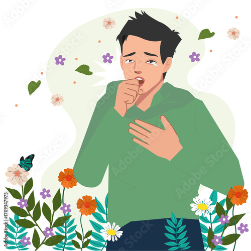 Man coughing pollen allergy illustration