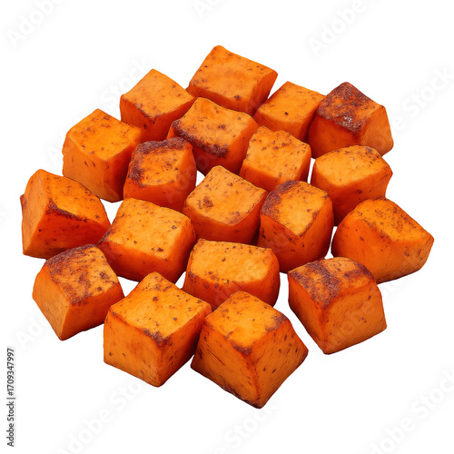 Real photo of roasted sweet potato cube with transparent background