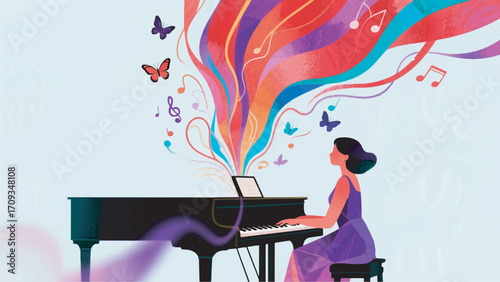 Illustration Of A Woman Playing A Grand Piano Emerges In Bright Watercolor Bursts Vector Design Template