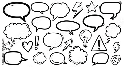 Hand-drawn speech bubbles, star, heart, and lightbulb perfect for creative communication concepts