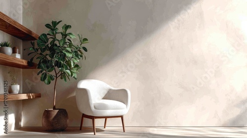 Minimalist modern corner, white chair beneath wooden shelf, leafy green plant adding vibrance, soft warm daylight for a cozy mood