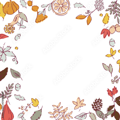 秋の落ち葉と木の実のベクターイラスト。葉っぱの秋植物イラスト。秋の線画背景。Autumn leaves and nuts vector illustration. Autumn plant illustration with leaves. Autumn line art background.