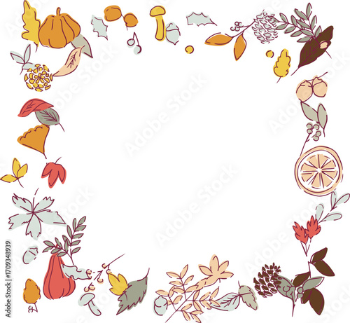 秋の落ち葉と木の実のベクターイラスト。葉っぱの秋植物イラスト。秋の線画背景。Autumn leaves and nuts vector illustration. Autumn plant illustration with leaves. Autumn line art background.